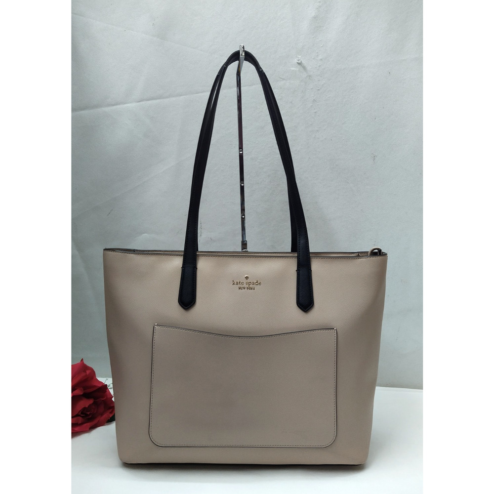 Kate Spade New York Beige Leather Double Handles Zipper Closure Tote Bag